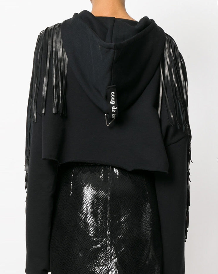 Coup de Coeur London Black leather fringed cropped hoodie back