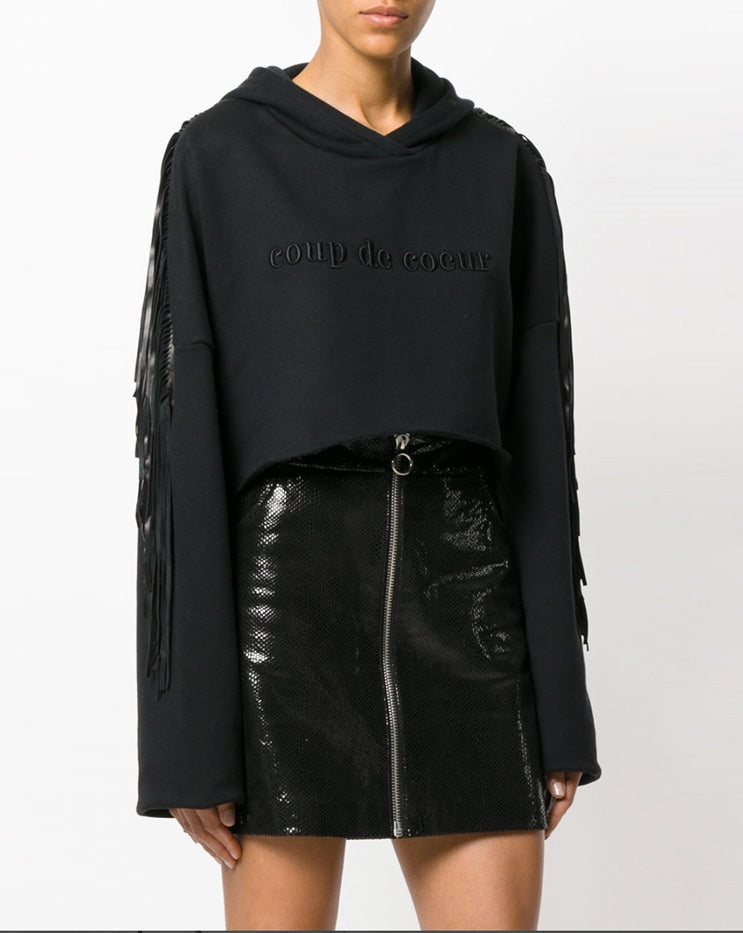 Coup de Coeur London Black leather fringed cropped hoodie close up