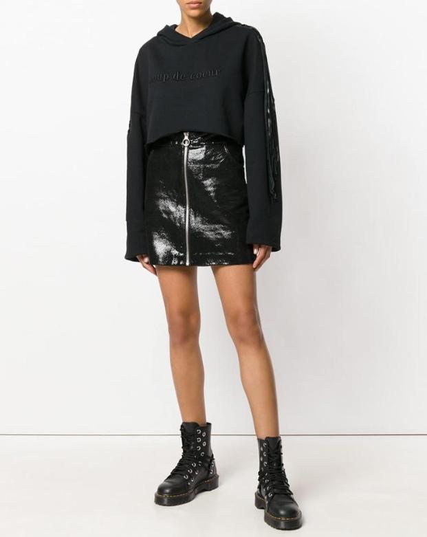 Coup de Coeur London Black leather fringed cropped hoodie