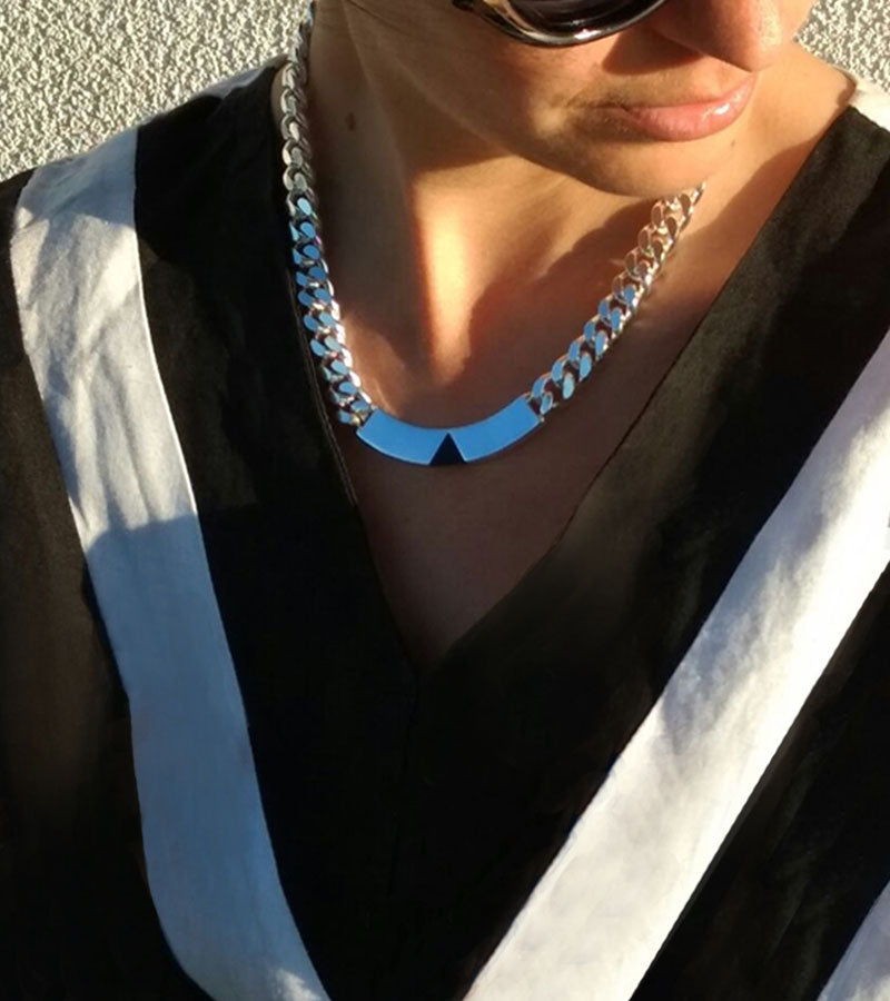 Silver Onyx Pyramid Chain Necklace (Unisex)