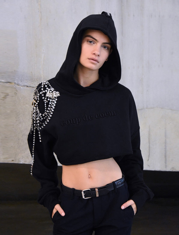Nina Marker wearing Coup de Coeur London Crystal diamanté embellished cropped hoodie details